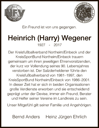 Todesanzeige von Heinrich Wegener von HNA