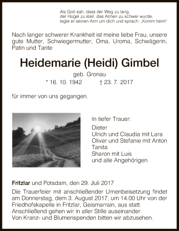 Todesanzeige von Heidemarie Gimbel von HNA