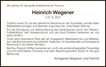 Todesanzeige von Heinrich Wegener von HNA