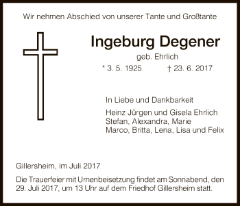 Todesanzeige von Ingeburg Degener von HNA
