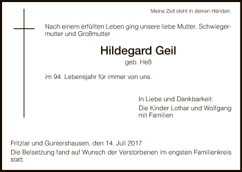 Todesanzeige von Hildegard Geil von HNA