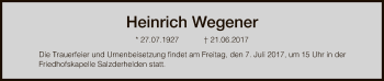 Todesanzeige von Heinrich Wegener von HNA