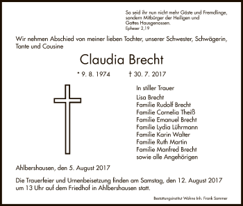 Todesanzeige von Claudia Brecht von HNA