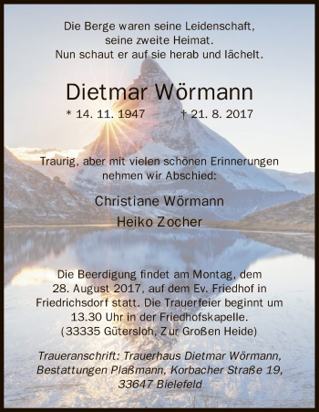 Todesanzeige von Dietmar Wörmann von HNA