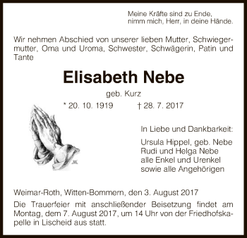 Todesanzeige von Elisabeth Nebe von HNA