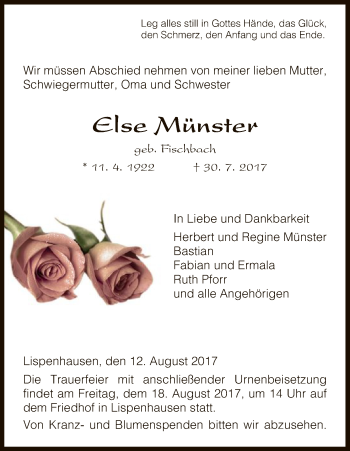 Todesanzeige von Else Münster von HNA