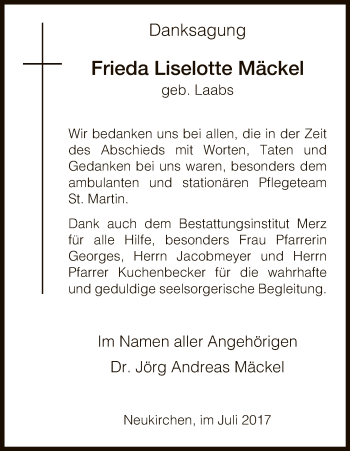 Todesanzeige von Frieda Liselotte Mäckel von HNA