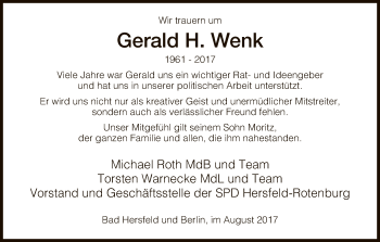 Todesanzeige von Gerald H. Wenk von HNA