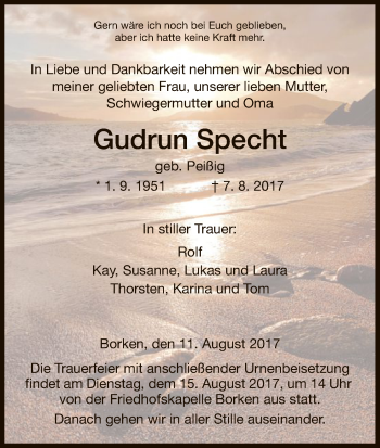 Todesanzeige von Gudrun Specht von HNA