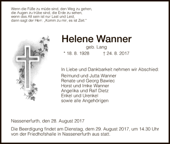 Todesanzeige von Helene Wanner von HNA