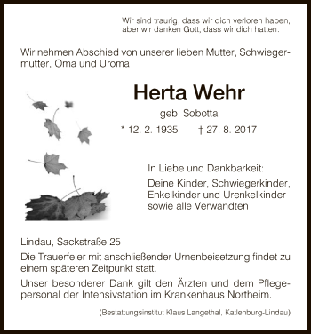 Todesanzeige von Herta Wehr von HNA