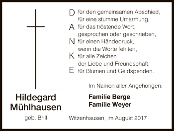 Todesanzeige von Hildegard Mühlhausen von HNA