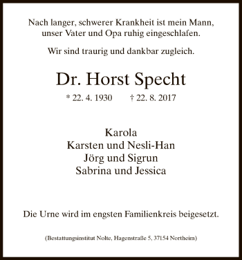 Todesanzeige von Horst Specht von HNA