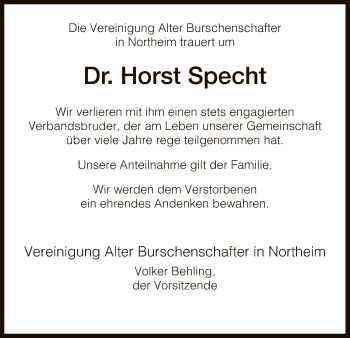 Todesanzeige von Horst Specht von HNA
