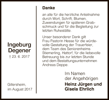 Todesanzeige von Ingeburg Degener von HNA