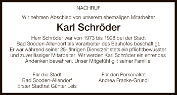 Todesanzeige von Karl Schröder von HNA