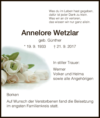 Todesanzeige von Annelore Wetzlar von HNA