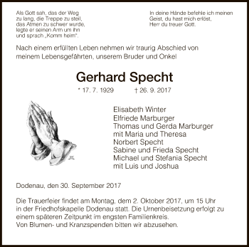 Todesanzeige von Gerhard Specht von HNA
