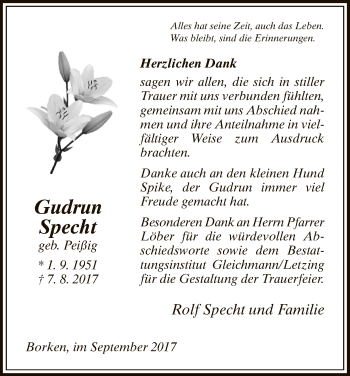 Todesanzeige von Gudrun Specht von HNA