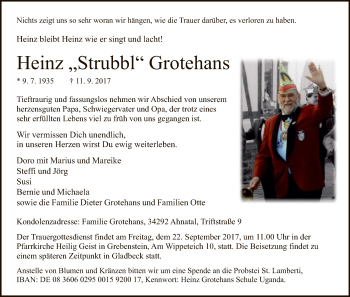 Todesanzeige von Heinz Grotehans von HNA