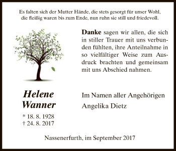 Todesanzeige von Helene Wanner von HNA