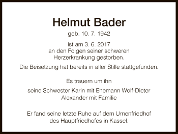 Todesanzeige von Helmut Bader von HNA