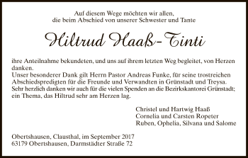 Todesanzeige von Hiltrud Haaß-Tinti von HNA