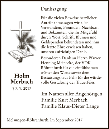 Todesanzeige von Holm Merbach von HNA