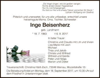 Todesanzeige von Inge Beisenherz von HNA