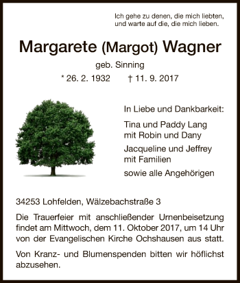 Todesanzeige von Margarete Wagner von HNA