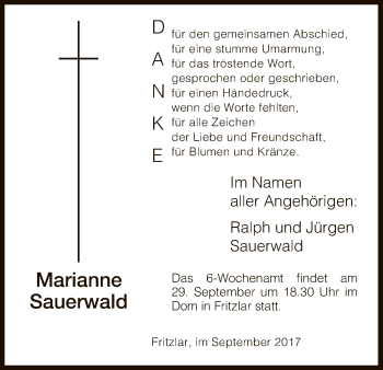 Todesanzeige von Marianne Sauerwald von HNA