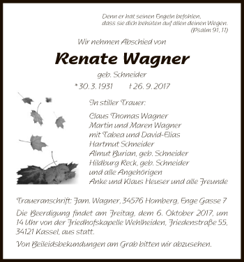 Todesanzeige von Renate Wagner von HNA