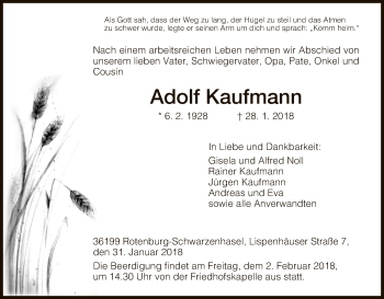 Todesanzeige von Adolf Kaufmann von HNA