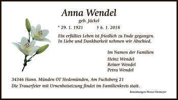 Todesanzeige von Anna Wendel von HNA