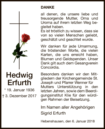 Todesanzeige von Hedwig Erfurth von HNA