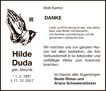 Todesanzeige von Hilde Duda von HNA