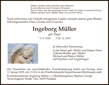 Todesanzeige von Ingeborg Müller von HNA