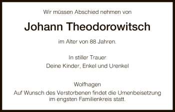 Todesanzeige von Johann Theodorowitsch von HNA