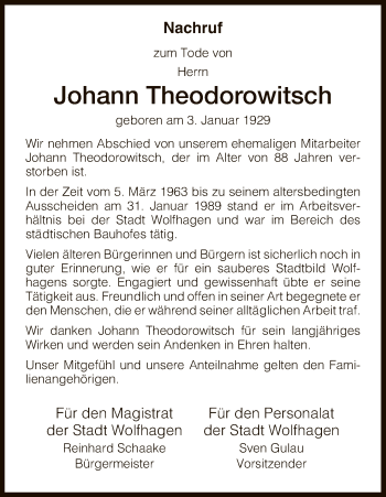 Todesanzeige von Johann Theodorowitsch von HNA