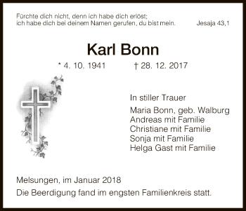Todesanzeige von Karl Bonn von HNA