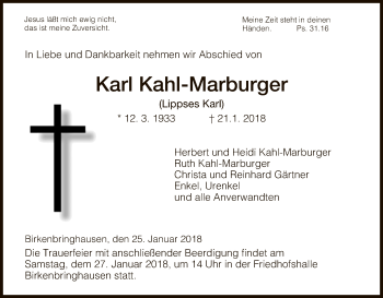 Todesanzeige von Karl Kahl-Marburger von HNA