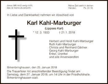 Todesanzeige von Karl Kahl-Marburger von HNA