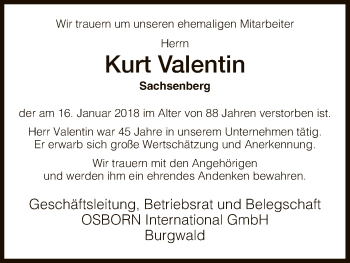 Todesanzeige von Kurt Valentin von HNA