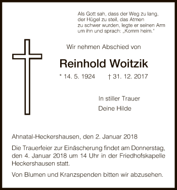 Todesanzeige von Reinhold Woitzik von HNA