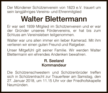Todesanzeige von Walter Blettermann von HNA