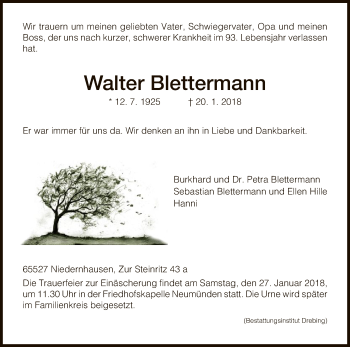 Todesanzeige von Walter Blettermann von HNA