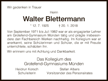 Todesanzeige von Walter Blettermann von HNA