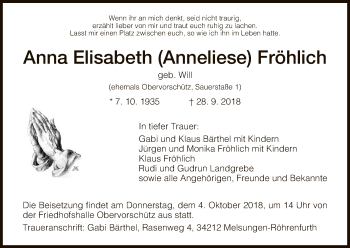 Todesanzeige von Anna Elisabeth Anneliese Fröhlich von HNA