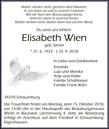 Todesanzeige von Elisabeth Wien von HNA