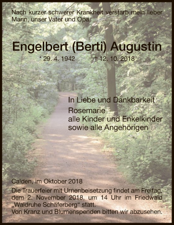 Todesanzeige von Engelbert Augustin von HNA